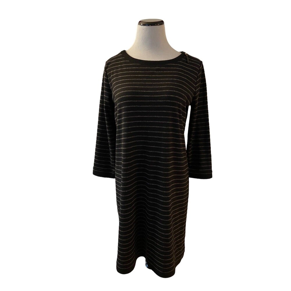 Womens Sweater Shift Dress Size‎ M Black Striped Zip Shoulder Office Minimalist